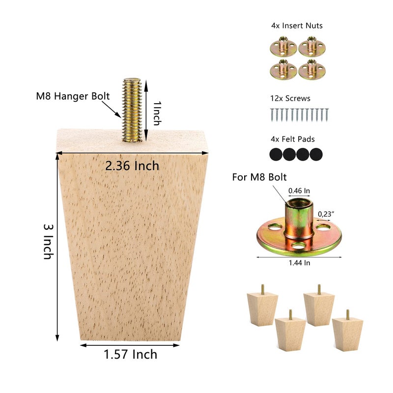 Michanco 3 Inch Unfinished Wood Furniture Legs Set of 4 DIY Square Tapared Wood Furniture Feet for Couch Sofa - Image 5